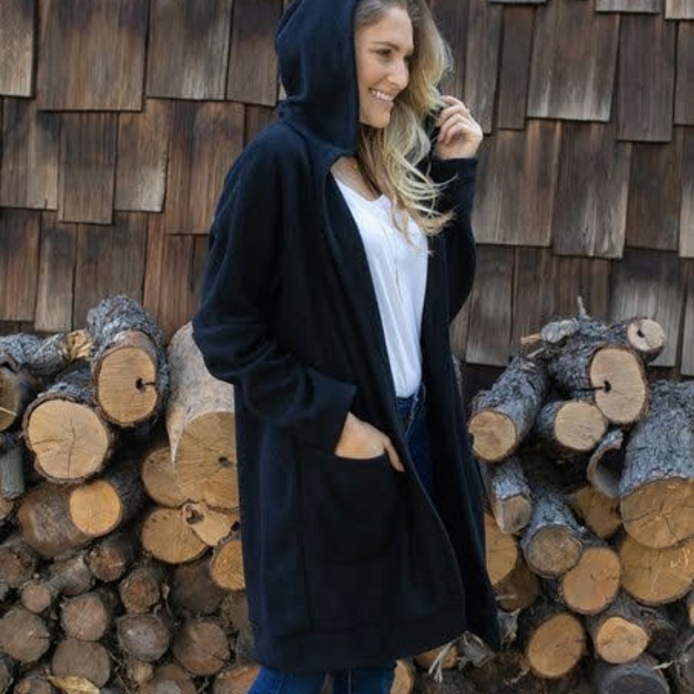 Black Pocket Hooded Oversize Open Jacket